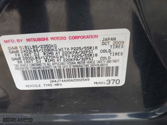 2010 Mitsubishi Outlander XLS with VIN JA4JT4AX6AZ002549, listed as a IAAI auction lot 41669290 with 136,757 mi miles. Bid and sale history available at carsss.com. Image 9.