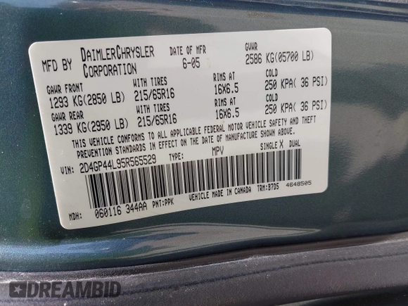2005 Dodge Caravan SXT with VIN 2D4GP44L95R565529, listed as a IAAI auction lot 42460426 with 97,882 mi miles and . Bid and sale history available at DreamBid. Image 9.