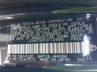 2016 Toyota Prius One with VIN JTDKDTB31G1124885, listed as a IAAI auction lot 42054094 with 61,469 mi miles and . Bid and sale history available at DreamBid. Image 9.