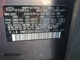 2022 Hyundai Santa Fe Hybrid SEL Premium with VIN KM8S3DA10NU042730, listed as a Copart auction lot 85211624 with 35,059 mi miles and Salvage Title. Bid and sale history available at carsss.com. Image 14.