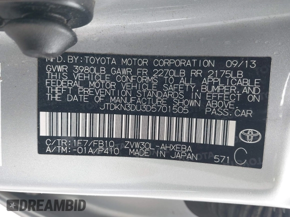 2013 Toyota Prius One with VIN JTDKN3DU3D5701505, listed as a IAAI auction lot 42040738 with 172,628 mi miles and . Bid and sale history available at DreamBid. Image 9.