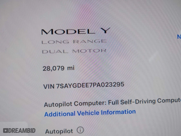 2023 Tesla Model Y Long Range with VIN 7SAYGDEE7PA023295, listed as a IAAI auction lot 41773783 with 28,079 mi miles. Bid and sale history available at carsss.com. Image 15.