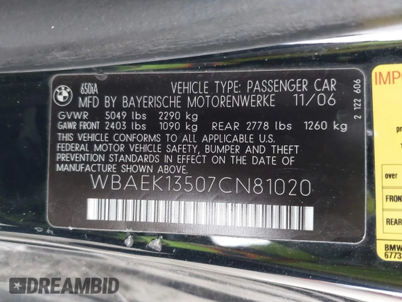 2007 BMW 6 Series 650i with VIN WBAEK13507CN81020, listed as a IAAI auction lot 42167743 with 127,552 mi miles. Bid and sale history available at carsss.com. Image 9.