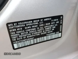 2015 Volkswagen Passat 1.8T Wolfsburg Ed with VIN 1VWAT7A36FC050547, listed as a Copart auction lot 83922244 with 82,191 mi miles and Salvage Title. Bid and sale history available at carsss.com. Image 14.
