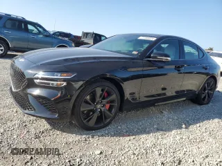 2023 Genesis G70 3.3T with VIN KMTG54TE1PU124619, listed as a Copart auction lot 71168024 with 10,079 mi miles and Salvage Title. Bid and sale history available at carsss.com. Image 1.