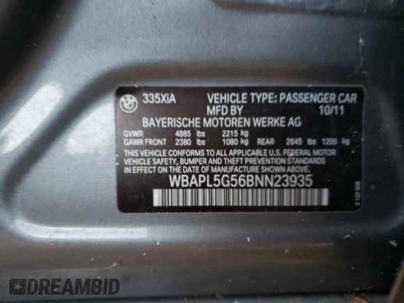 2011 BMW 3 Series 335i xDrive with VIN WBAPL5G56BNN23935, listed as a Copart auction lot 80662934 with 0 mi miles and Salvage Title. Bid and sale history available at carsss.com. Image 12.