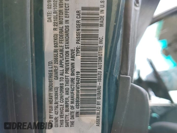 1998 Subaru Legacy Outback с VIN 4S3BG6856W7643119, выставлен на аукционе Copart как лот 64249315 с пробегом 271 614 миль миль и На запчасти • Non repairable. История ставок и продаж доступна на DreamBid. Изображение 14.