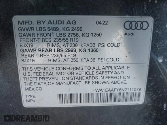 2022 Audi Q5 S line Premium Plus with VIN WA1EAAFY6N2111079, listed as a IAAI auction lot 41561501 with 67,799 mi miles. Bid and sale history available at carsss.com. Image 9.