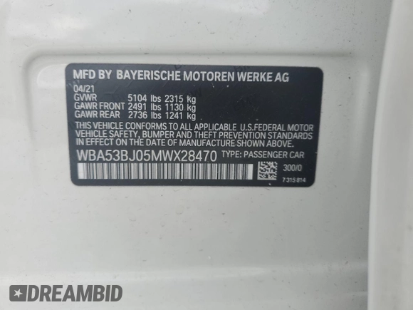 2021 BMW 5 Series 540i with VIN WBA53BJ05MWX28470, listed as a Copart auction lot 87256064 with Not Provided miles and Salvage Title. Bid and sale history available at DreamBid. Image 12.