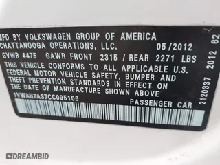 2012 Volkswagen Passat S w/Appearance with VIN 1VWAH7A37CC095106, listed as a IAAI auction lot 41812658 with 173,867 mi miles. Bid and sale history available at carsss.com. Image 9.
