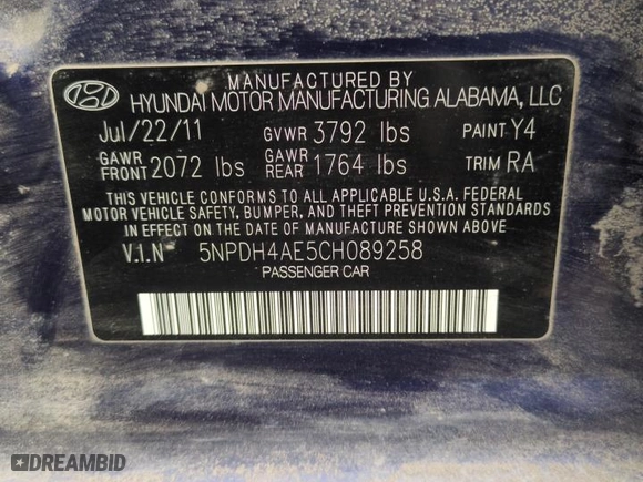 2012 Hyundai Elantra Limited with VIN 5NPDH4AE5CH089258, listed as a Copart auction lot 42236475 with 106,868 mi miles and Salvage Title. Bid and sale history available at carsss.com. Image 12.
