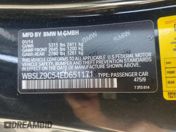 2014 BMW M6 z VIN WBSLZ9C54ED651171, wystawiony jako Copart lot #84425644 z przebiegiem 73 352 mil mil oraz Szkoda całkowita • Salvage title. Historia ofert i sprzedaży dostępna na DreamBid. Obrazek 12.