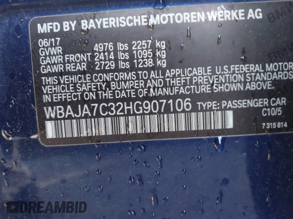 2017 BMW 5 Series 530i xDrive with VIN WBAJA7C32HG907106, listed as a IAAI auction lot 41020855 with 70,650 mi miles and . Bid and sale history available at carsss.com. Image 9.