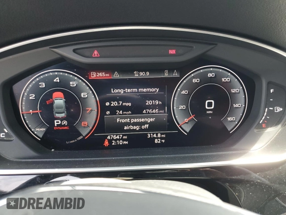 2019 Audi A8 with VIN WAU8DAF88KN016914, listed as a Copart auction lot 57621665 with 47,647 mi miles and Salvage title. Bid and sale history available at DreamBid. Image 9.