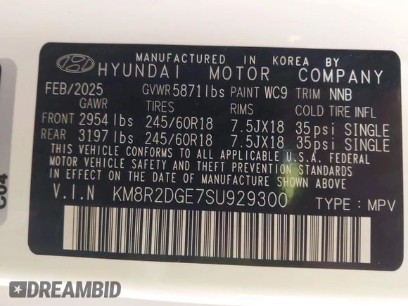 2025 Hyundai Palisade SEL z VIN KM8R2DGE7SU929300, wystawiony jako IAAI lot #42500305 z przebiegiem 1 842 mil mil oraz . Historia ofert i sprzedaży dostępna na DreamBid. Obrazek 9.
