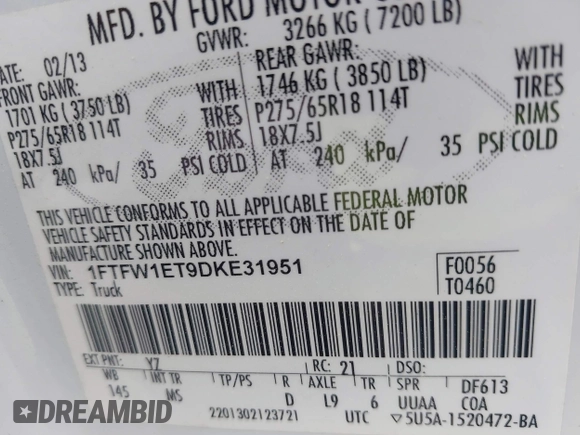 2013 Ford F-150 XL with VIN 1FTFW1ET9DKE31951, listed as a IAAI auction lot 41918223 with 235,469 mi miles. Bid and sale history available at carsss.com. Image 9.