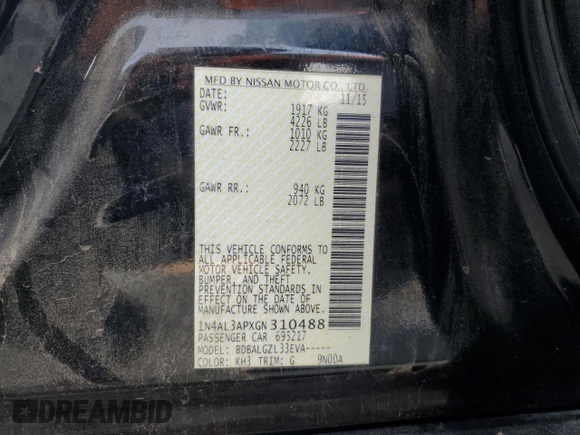 2016 Nissan Altima S with VIN 1N4AL3APXGN310488, listed as a Copart auction lot 63713315 with 186,318 mi miles and Salvage title. Bid and sale history available at DreamBid. Image 12.