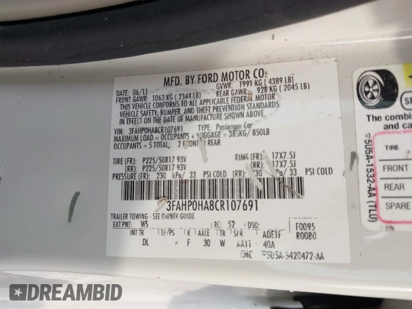 2012 Ford Fusion SE with VIN 3FAHP0HA8CR107691, listed as a IAAI auction lot 42058063 with 191,439 mi miles and . Bid and sale history available at DreamBid. Image 9.