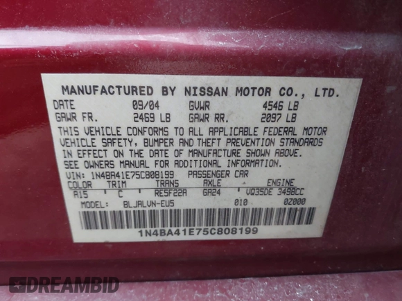 2005 Nissan Maxima 3.5 SL with VIN 1N4BA41E75C808199, listed as a IAAI auction lot 41287107 with 845,005 mi miles. Bid and sale history available at carsss.com. Image 9.