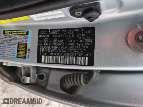 2010 Hyundai Veracruz Limited with VIN KM8NUDCC7AU100853, listed as a Copart auction lot 49406495 with 101,499 mi miles and Salvage title. Bid and sale history available at DreamBid. Image 12.