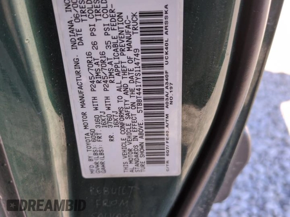 2000 Toyota Tundra SR5 with VIN 5TBBT4417YS114749, listed as a Copart auction lot 52582605 with 158,155 mi miles and Salvage Title. Bid and sale history available at DreamBid. Image 12.
