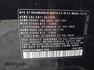 2021 Volkswagen Tiguan S z VIN 3VV0B7AX3MM031908, wystawiony jako IAAI lot #42504384 z przebiegiem 42 510 mil mil oraz . Historia ofert i sprzedaży dostępna na DreamBid. Obrazek 9.