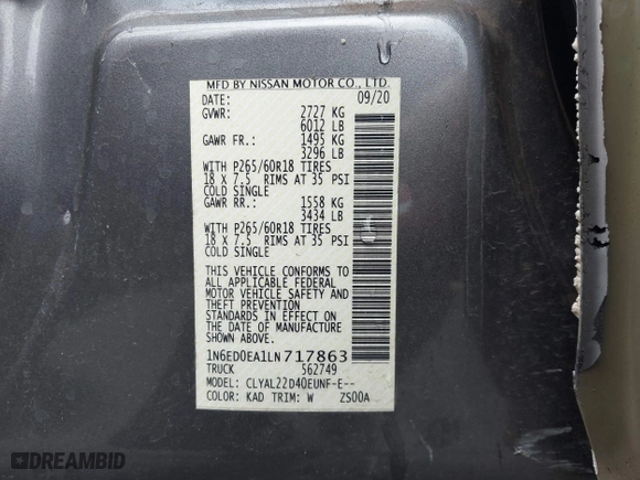 2020 Nissan Frontier SV with VIN 1N6ED0EA1LN717863, listed as a IAAI auction lot 41130121 with 54,552 mi miles. Bid and sale history available at carsss.com. Image 9.