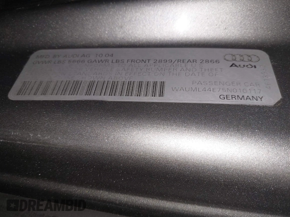 2005 Audi A8 L with VIN WAUML44E75N010117, listed as a IAAI auction lot 41523759 with 125,431 mi miles. Bid and sale history available at carsss.com. Image 9.