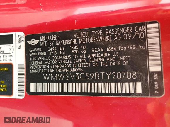 2011 MINI Hardtop S с VIN WMWSV3C59BTY20708, выставлен на аукционе Copart как лот 65652325 с пробегом 88 382 миль миль и Чистый • Clean title. История ставок и продаж доступна на DreamBid. Изображение 12.