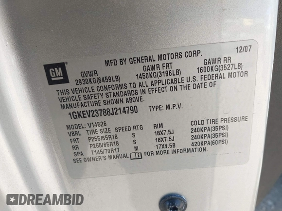 2008 GMC Acadia SLT1 with VIN 1GKEV23788J214790, listed as a IAAI auction lot 42142074 with 130,089 mi miles and . Bid and sale history available at DreamBid. Image 9.