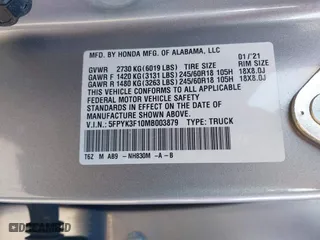 2021 Honda Ridgeline Sport with VIN 5FPYK3F10MB003879, listed as a IAAI auction lot 41677509 with 36,804 mi miles. Bid and sale history available at carsss.com. Image 9.