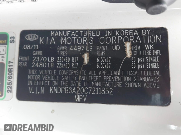 2012 Kia Sportage LX with VIN KNDPB3A20C7211852, listed as a IAAI auction lot 41485217 with 179,162 mi miles. Bid and sale history available at carsss.com. Image 9.