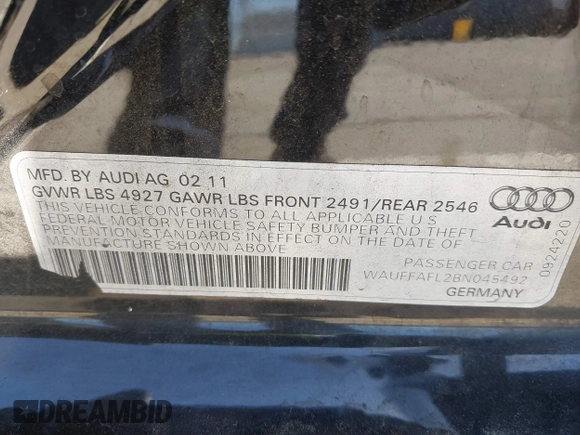 2011 Audi A4 Premium Plus с VIN WAUFFAFL2BN045492, выставлен на аукционе IAAI как лот 42241595 с пробегом 105 474 миль миль и . История ставок и продаж доступна на DreamBid. Изображение 9.