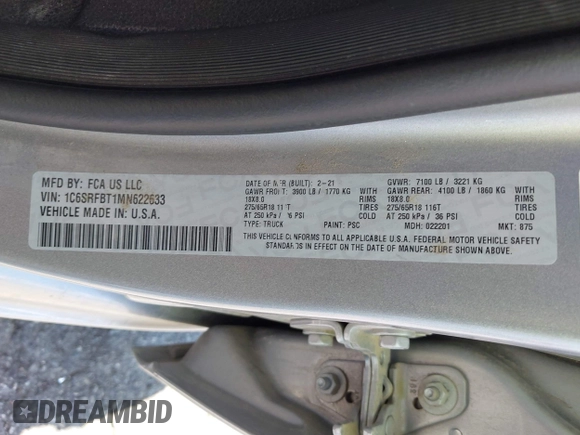 2021 Ram 1500 Big Horn with VIN 1C6SRFBT1MN622633, listed as a IAAI auction lot 42691343 with 122,007 mi miles and . Bid and sale history available at DreamBid. Image 9.