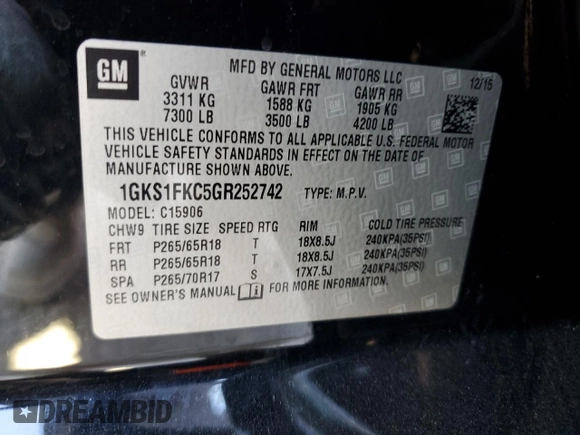 2016 GMC Yukon XL SLE with VIN 1GKS1FKC5GR252742, listed as a Copart auction lot 77618964 with 68,213 mi miles and Salvage Title. Bid and sale history available at carsss.com. Image 15.