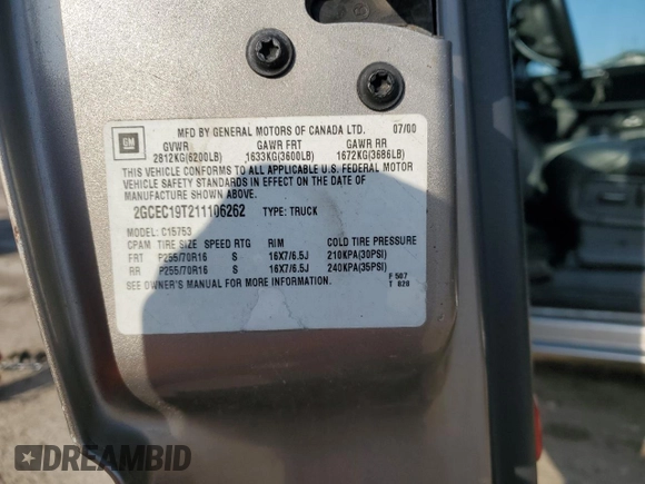 2001 Chevrolet Silverado 1500 LS with VIN 2GCEC19T211106262, listed as a Copart auction lot 51931045 with 206,099 mi miles and Salvage Title. Bid and sale history available at DreamBid. Image 12.