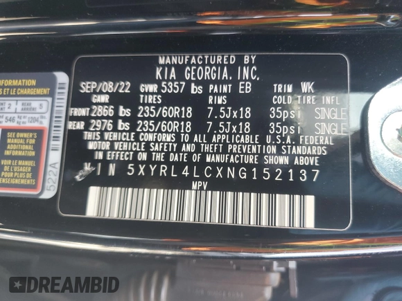 2022 Kia Sorento S with VIN 5XYRL4LCXNG152137, listed as a Copart auction lot 49914195 with 33,491 mi miles and Salvage Title. Bid and sale history available at carsss.com. Image 12.