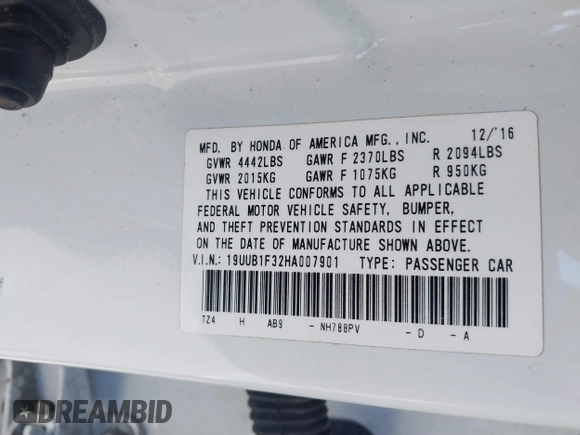 2017 Acura TLX with VIN 19UUB1F32HA007901, listed as a IAAI auction lot 41877950 with 110,598 mi miles and . Bid and sale history available at DreamBid. Image 9.