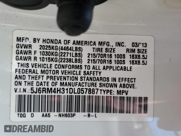 2013 Honda CR-V LX with VIN 5J6RM4H31DL057887, listed as a Copart auction lot 55720285 with 104,656 mi miles and Salvage Title. Bid and sale history available at DreamBid. Image 14.
