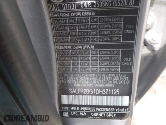 2013 Land Rover LR2 с VIN SALFR2BG1DH371125, выставлен на аукционе IAAI как лот 42376313 с пробегом 134 998 миль миль и . История ставок и продаж доступна на DreamBid. Изображение 9.