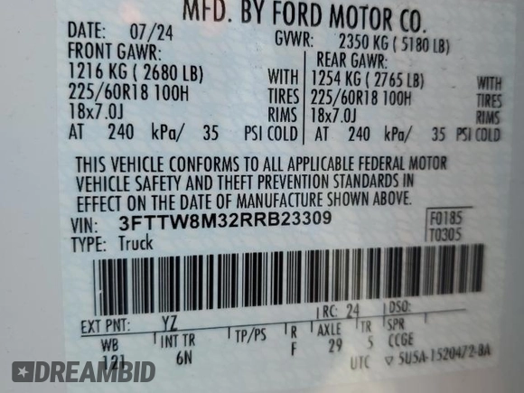 2024 Ford Maverick LARIAT with VIN 3FTTW8M32RRB23309, listed as a Copart auction lot 54581575 with 8,330 mi miles and Salvage Title. Bid and sale history available at carsss.com. Image 12.
