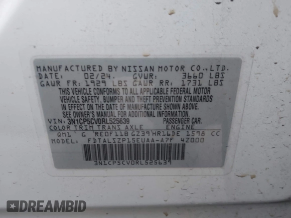 2024 Nissan Kicks SV with VIN 3N1CP5CV0RL525639, listed as a IAAI auction lot 41332922 with 16,009 mi miles and . Bid and sale history available at carsss.com. Image 9.