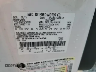 2013 Ford F-150 XL with VIN 1FTFW1ET1DKF45748, listed as a Copart auction lot 58927545 with 236,062 mi miles and Salvage title. Bid and sale history available at DreamBid. Image 13.