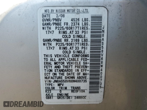 2008 Nissan Rogue SL with VIN JN8AS58V68W400735, listed as a Copart auction lot 52341475 with 165,904 mi miles and Salvage Title. Bid and sale history available at DreamBid. Image 16.