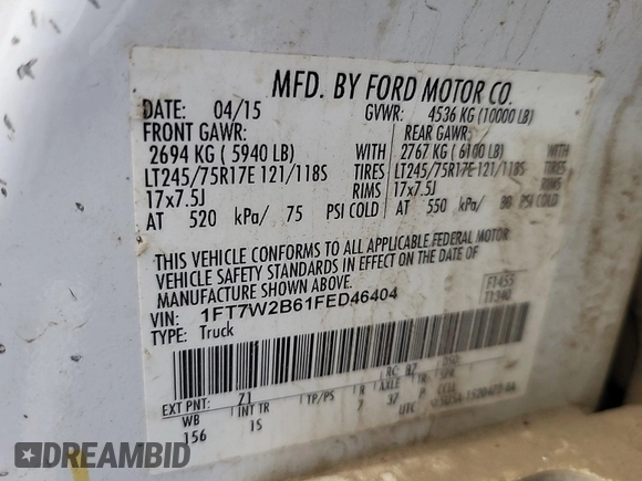 2015 Ford F-250 Lariat с VIN 1FT7W2B61FED46404, выставлен на аукционе IAAI как лот 42566193 с пробегом 306 588 миль миль и . История ставок и продаж доступна на DreamBid. Изображение 39.
