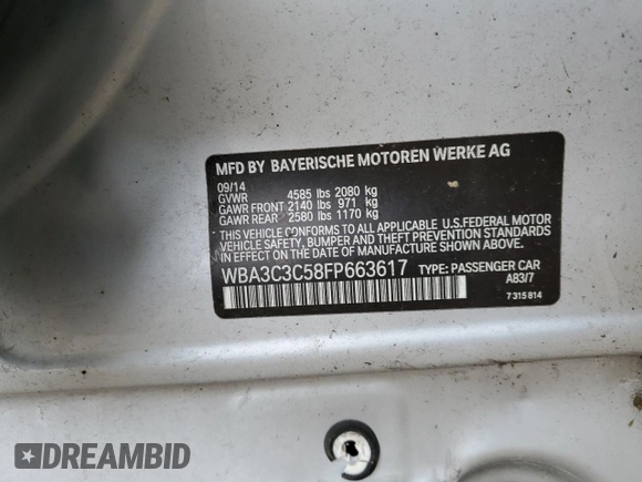 2015 BMW 3 Series 320i xDrive with VIN WBA3C3C58FP663617, listed as a Copart auction lot 55262885 with Not provided miles and Salvage title. Bid and sale history available at DreamBid. Image 12.