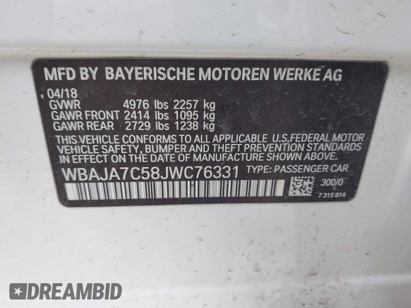 2018 BMW 5 Series 530i xDrive with VIN WBAJA7C58JWC76331, listed as a IAAI auction lot 41586204 with 86,578 mi miles. Bid and sale history available at carsss.com. Image 9.