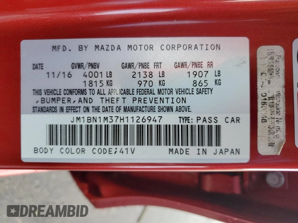 2017 Mazda 3 Grand Touring with VIN JM1BN1M37H1126947, listed as a Copart auction lot 77704214 with 70,970 mi miles and Salvage Title. Bid and sale history available at DreamBid. Image 12.