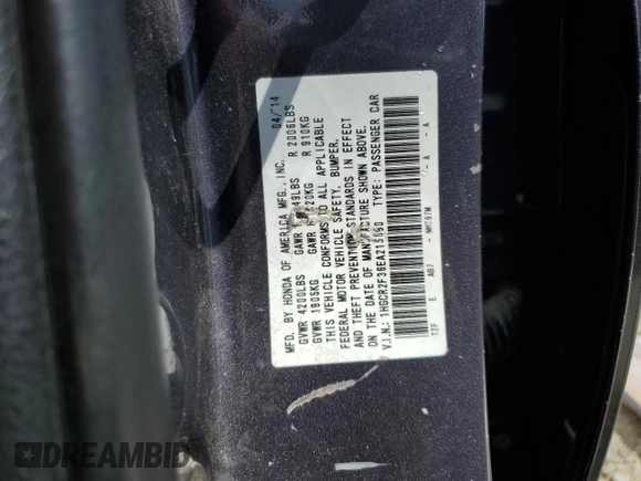 2014 Honda Accord LX z VIN 1HGCR2F36EA215580, wystawiony jako Copart lot #52792105 z przebiegiem 101 006 mil mil oraz Szkoda całkowita • Salvage title. Historia ofert i sprzedaży dostępna na DreamBid. Obrazek 12.