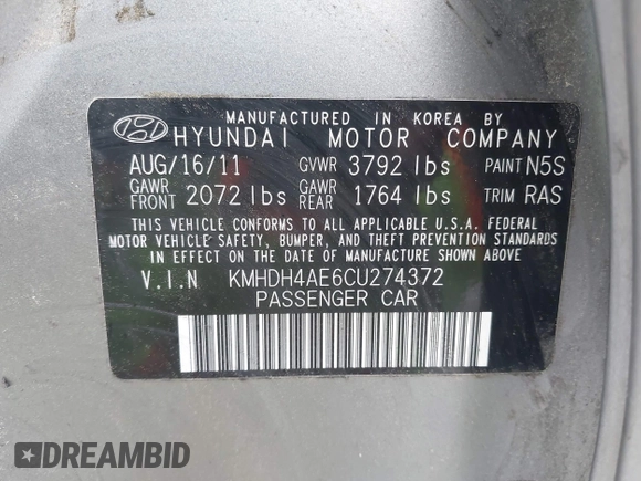 2012 Hyundai Elantra Limited с VIN KMHDH4AE6CU274372, выставлен на аукционе IAAI как лот 42319413 с пробегом 243 770 миль миль и . История ставок и продаж доступна на DreamBid. Изображение 9.